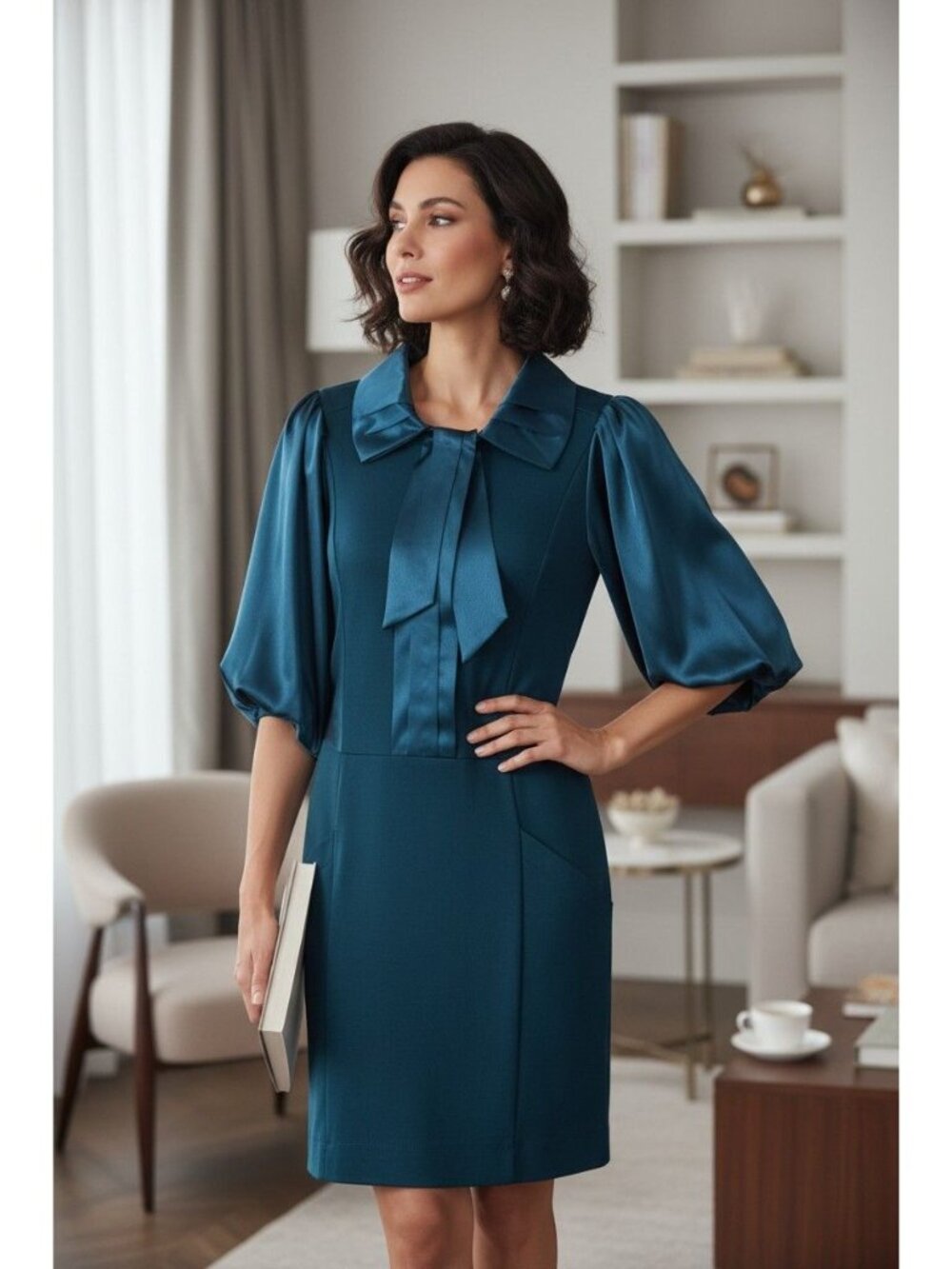 Teal Sharagano Dress Satin Accents & Puff Sleeves - Twee, Retro Secretary, 80's
